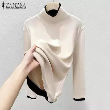 ZANZEA Женская модная майка с воротником-стойкой и длинным рукавом в стиле пэчворк M зелёный