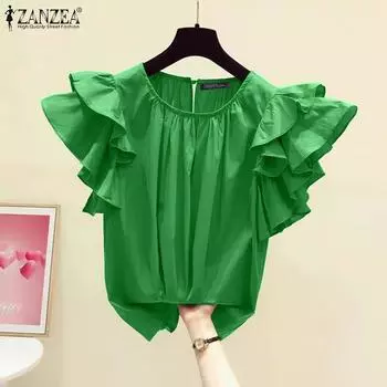 ZANZEA Женская модная многослойная свободная блузка с круглым вырезом и рукавами с рюшами