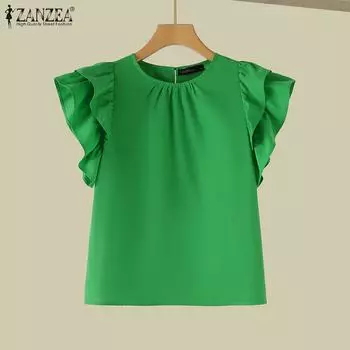ZANZEA Женская модная многослойная свободная блузка с круглым вырезом и рукавами с рюшами S зелёный