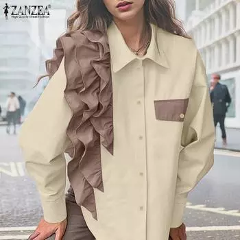 ZANZEA Женская модная рубашка с длинным рукавом и оборками контрастного цвета M зелёный