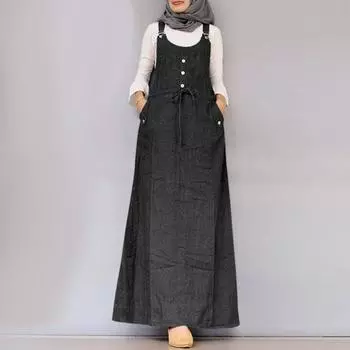 ZANZEA Женская мусульманская повседневная повседневная юбка с квадратным воротником и карманами на поясе и подтяжках 3XL чёрный