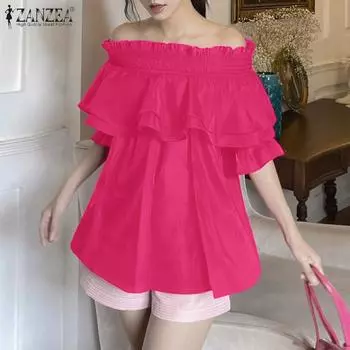 ZANZEA Женская однотонная блузка без бретелек с одним рюшем и короткими рукавами