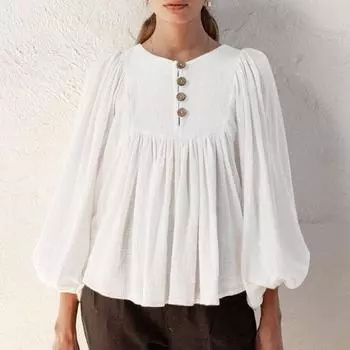 ZANZEA женская однотонная блузка с круглым вырезом и пышными рукавами, длинными рукавами, плиссированная в рубчик, свободная мышечная блузка M белый
