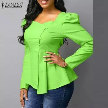 ZANZEA женская однотонная блузка с квадратным вырезом, овечьей ножкой и длинными рукавами, на пуговицах, на талии, неровный подол S чёрный