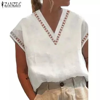 ZANZEA Женская однотонная блузка с V-образным вырезом и короткими рукавами