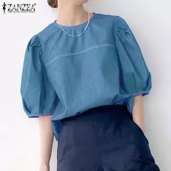 ZANZEA Женская однотонная джинсовая блузка с круглым вырезом и короткими рукавами с разрезом