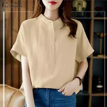 ZANZEA Женская однотонная хлопковая блузка с круглым вырезом и коротким рукавом S розовый