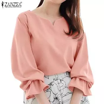 ZANZEA Женская однотонная повседневная блузка с круглым вырезом и длинным рукавом S розовый
