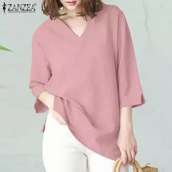ZANZEA Женская однотонная повседневная свободная блузка с V-образным вырезом и рукавом 3/4 S синий