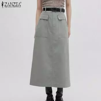 ZANZEA Женская однотонная рабочая одежда с завышенной талией, карманами на молнии и подолом, полуюбка L темно-зеленого