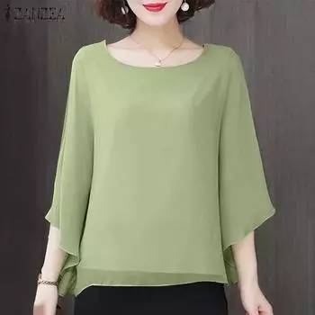 ZANZEA Женская однотонная свободная блузка из двухслойной ткани с U-образным воротником и рукавами 3/4 S розовый