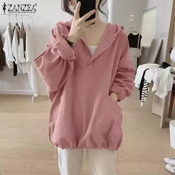 ZANZEA женская однотонная свободная блузка с капюшоном и длинными рукавами, карманами и пуговицами