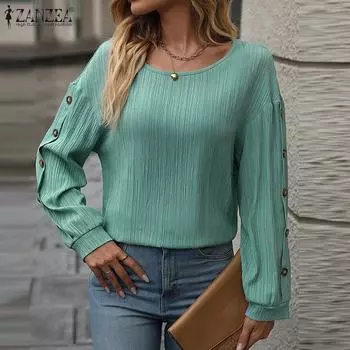 ZANZEA женская однотонная свободная блузка с круглым вырезом и длинными рукавами из мышечной ткани с завязками на пуговицах