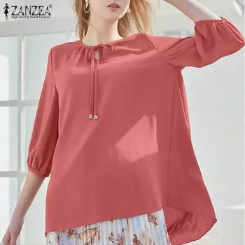 ZANZEA Женская однотонная свободная блузка с круглым вырезом и рукавами 3/4 с завязками