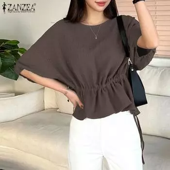ZANZEA женская однотонная свободная блузка с круглым вырезом 3/4 и длинными рукавами на шнурке на талии
