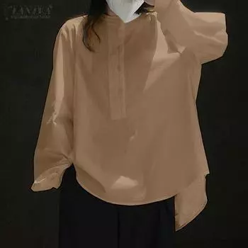 ZANZEA Женская однотонная свободная блузка с круглым вырезом и длинными рукавами на пуговицах M чёрный