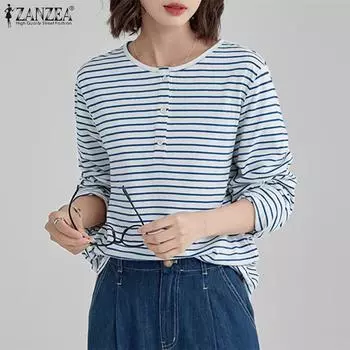 ZANZEA Женская однотонная свободная блузка с круглым вырезом и длинными рукавами в полоску на пуговицах