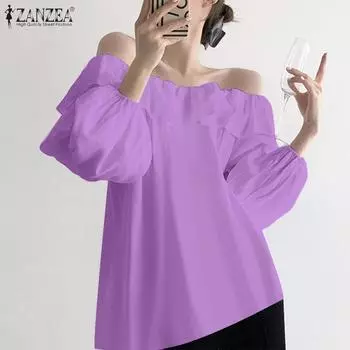 ZANZEA Женская однотонная свободная блузка с открытыми плечами и длинными рукавами, оборками и рюшами S белый
