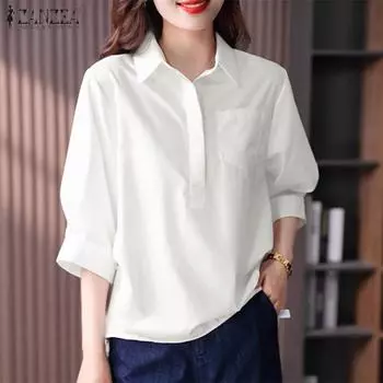 ZANZEA Женская однотонная свободная блузка с отложным воротником и рукавом 3/4 S белый