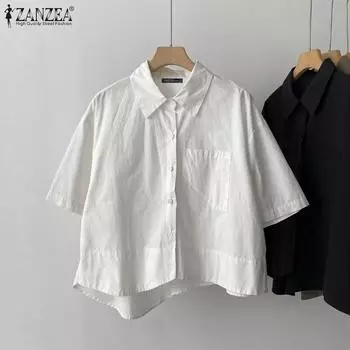 ZANZEA Женская однотонная свободная блузка с отложным воротником и коротким рукавом S чёрный