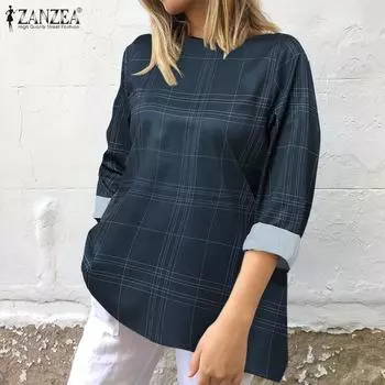 ZANZEA Женская однотонная свободная блузка в клетку с круглым вырезом и длинными рукавами