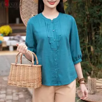 ZANZEA Женская однотонная свободная блузка в полоску с открытой планкой и круглым вырезом, рукавами 3/4 5XL фиолетовый