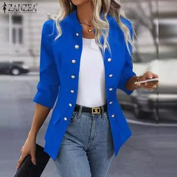 ZANZEA женская однотонная свободная куртка с воротником-стойкой и длинным рукавом на пуговицах и закрытым карманом на талии S синий
