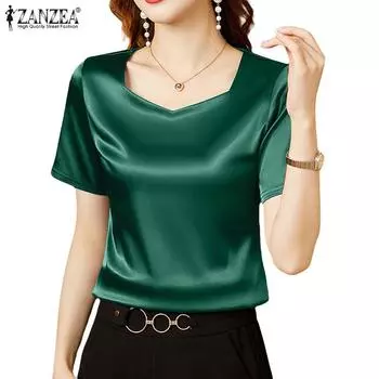 ZANZEA Женская однотонная свободная повседневная блузка с коротким рукавом