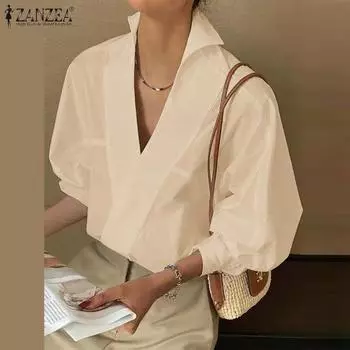 ZANZEA Женская однотонная свободная рубашка с v-образным вырезом и воротником-стойкой с разрезом и пузырьками с длинными рукавами 5XL белый