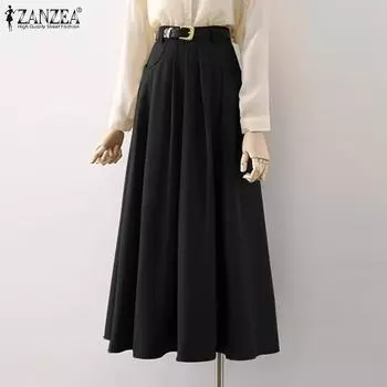 ZANZEA Женская однотонная свободная юбка трапециевидной формы с высокой талией и карманами на молнии 2XL бежевый