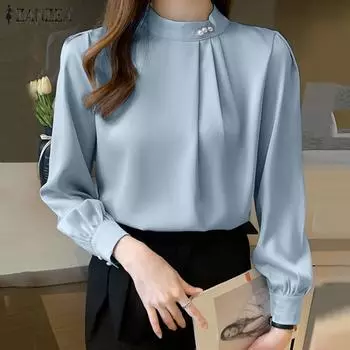 ZANZEA Женская офисная атласная блузка с длинным рукавом и круглым вырезом