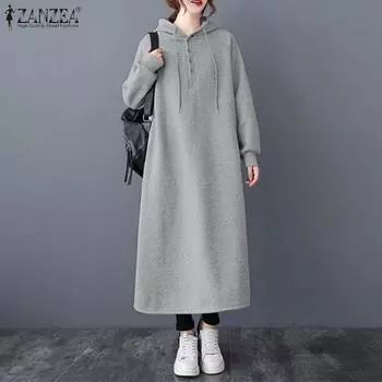 ZANZEA Женская Осенне-Зимняя Повседневная Толстовка С Длинным Рукавом Платье-Свитшот L темно-синий