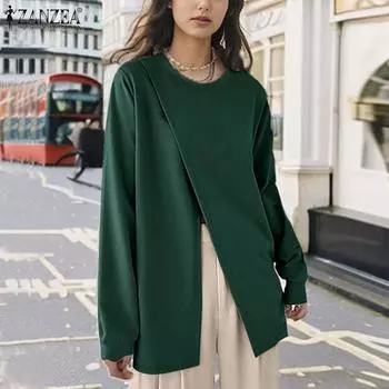 ZANZEA Женская осенняя футболка с круглым вырезом и длинным рукавом, асимметричным разрезом S зелёный