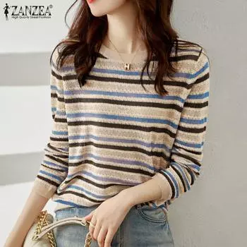 ZANZEA Женская осенняя футболка с круглым вырезом и длинными рукавами в полоску 2XL чёрный