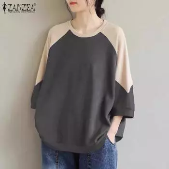 ZANZEA Женская осенняя футболка с круглым вырезом и рукавом 3/4 в стиле колор-блок S серый