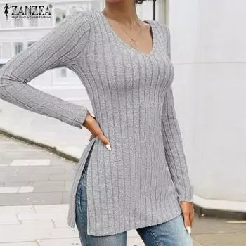 ZANZEA Женская осенняя футболка с V-образным вырезом и длинными рукавами в полоску M зелёный