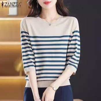 ZANZEA Женская осенняя футболка в полоску с круглым вырезом и коротким рукавом 3XL синий
