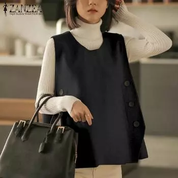 ZANZEA Женская осенняя мода круглый вырез без рукавов с боковыми разрезами жилет S чёрный