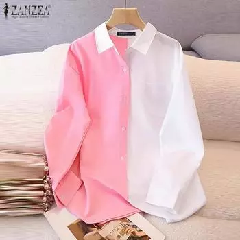 ZANZEA Женская осенняя мода с длинным рукавом и карманами в цветных блоках 2XL синий