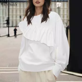 ZANZEA Женская осенняя мода с круглым вырезом и длинным рукавом, оборками, пуловер, толстовка S чёрный