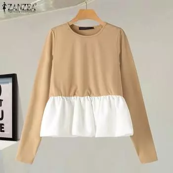ZANZEA Женская осенняя модная футболка с круглым вырезом и длинным рукавом в стиле цветных блоков S чёрный