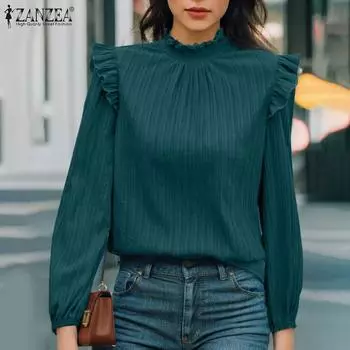 ZANZEA Женская осенняя однотонная блузка с воротником-стойкой и длинными рукавами S чёрный