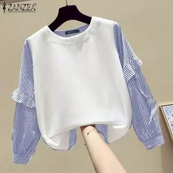 ZANZEA Женская осенняя блузка в полоску с круглым вырезом и длинными рукавами L чёрный