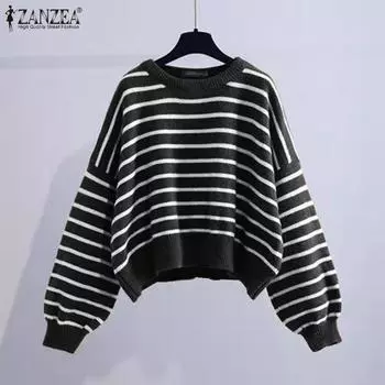 ZANZEA Женская осенняя полосатая толстовка-пуловер с круглым вырезом и длинными рукавами S белый