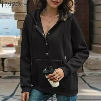 ZANZEA Женская осенняя повседневная блузка с круглым вырезом и длинным рукавом с капюшоном S чёрный