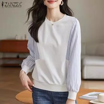 ZANZEA Женская осенняя повседневная футболка с круглым вырезом и длинным рукавом в полоску контрастного цвета M светло-синий