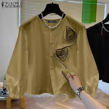 ZANZEA Женская осенняя рубашка с круглым вырезом и длинным рукавом с трехмерным цветочным принтом 3XL чёрный