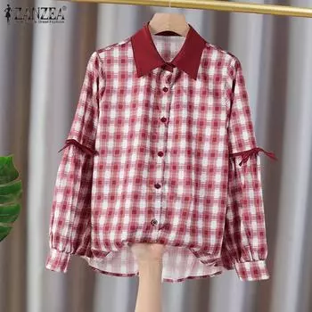 ZANZEA Женская осенняя рубашка с воротником-фонариком и длинным рукавом в контрастную клетку M чёрный