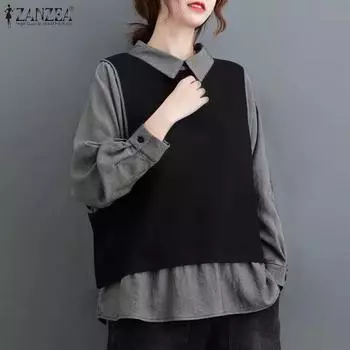 ZANZEA Женская осенняя рубашка с воротником и длинным рукавом, имитация двухсекционных клетчатых рубашек S хаки