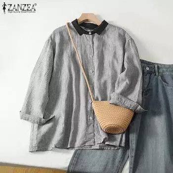 ZANZEA Женская осенняя рубашка с воротником-стойкой и длинным рукавом в контрастную полоску S чёрный